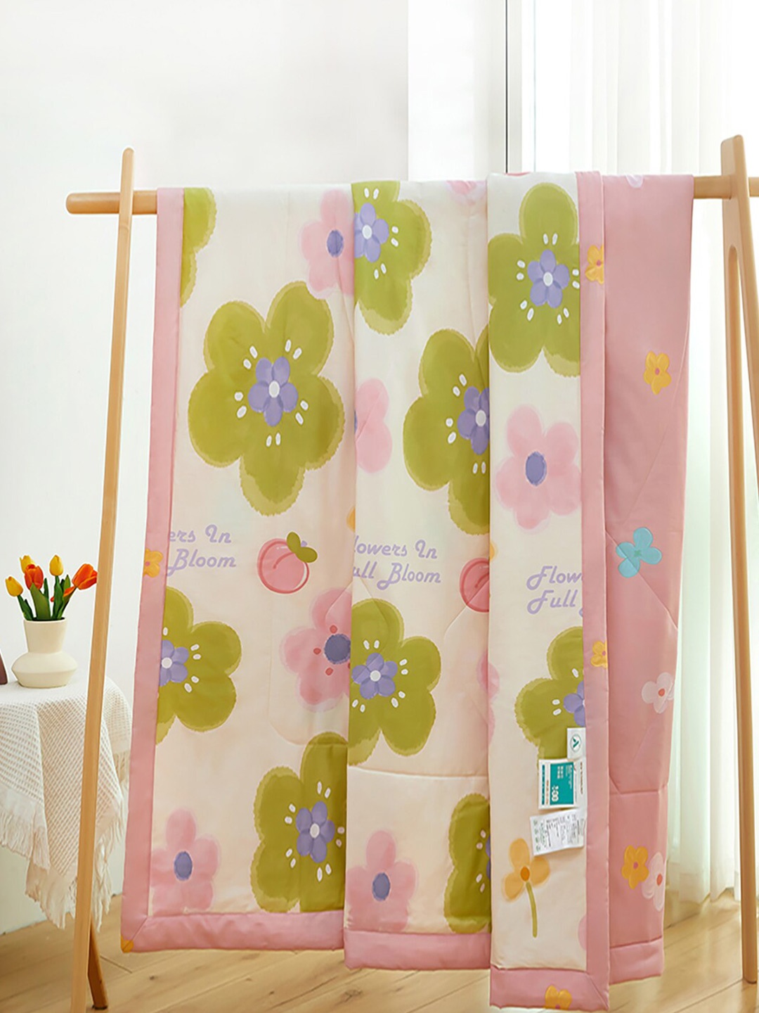

JC HOME White & Green Floral Pure Cotton AC Room 350 GSM Single Bed Quilt