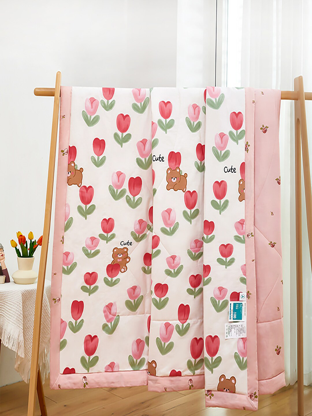 

JC Collection Pink & White Floral Pure Cotton AC Room 350 GSM Single Bed Quilt