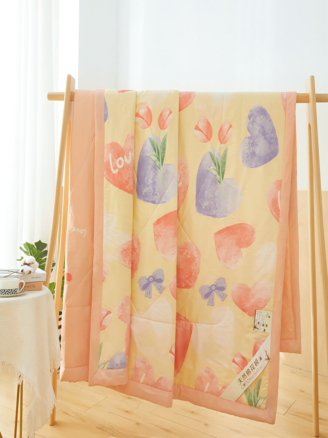 

JC HOME Yellow & Peach-Coloured Printed Pure Cotton AC Room 350 GSM Double Bed Quilt