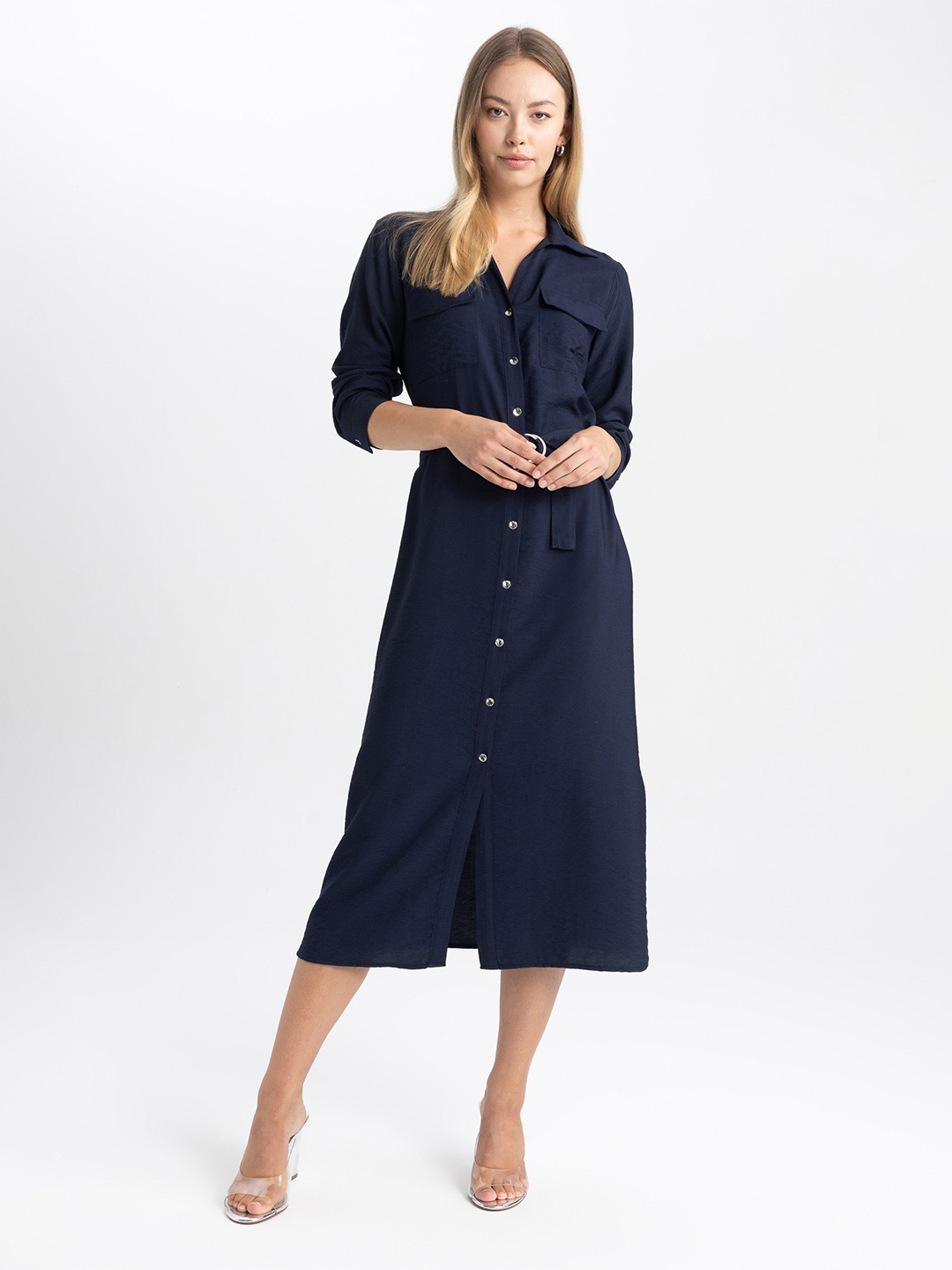 

DeFacto Shirt Collar Belted Midi Shirt Dress, Navy blue