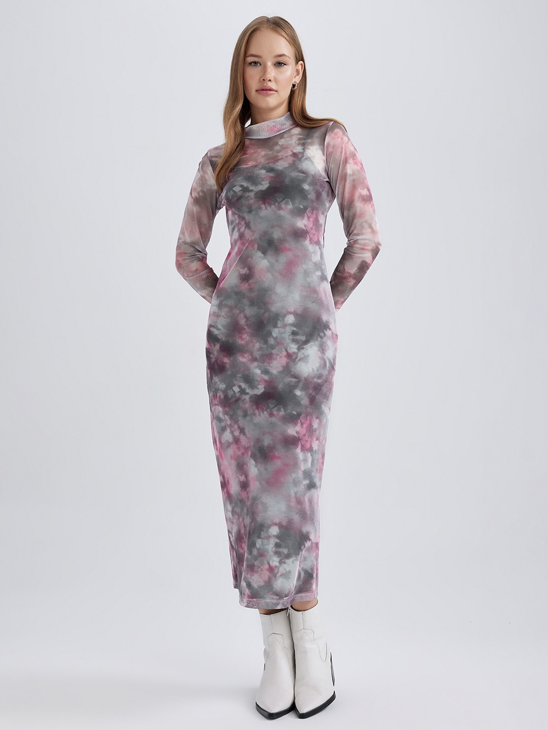

DeFacto Abstract Printed High Neck Semi Sheer Sheath Midi Dress, Grey
