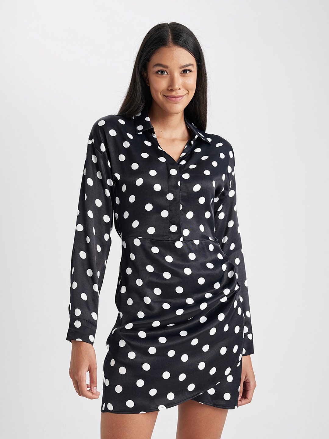

DeFacto Polka Dot Print A-Line Mini Dress, Black