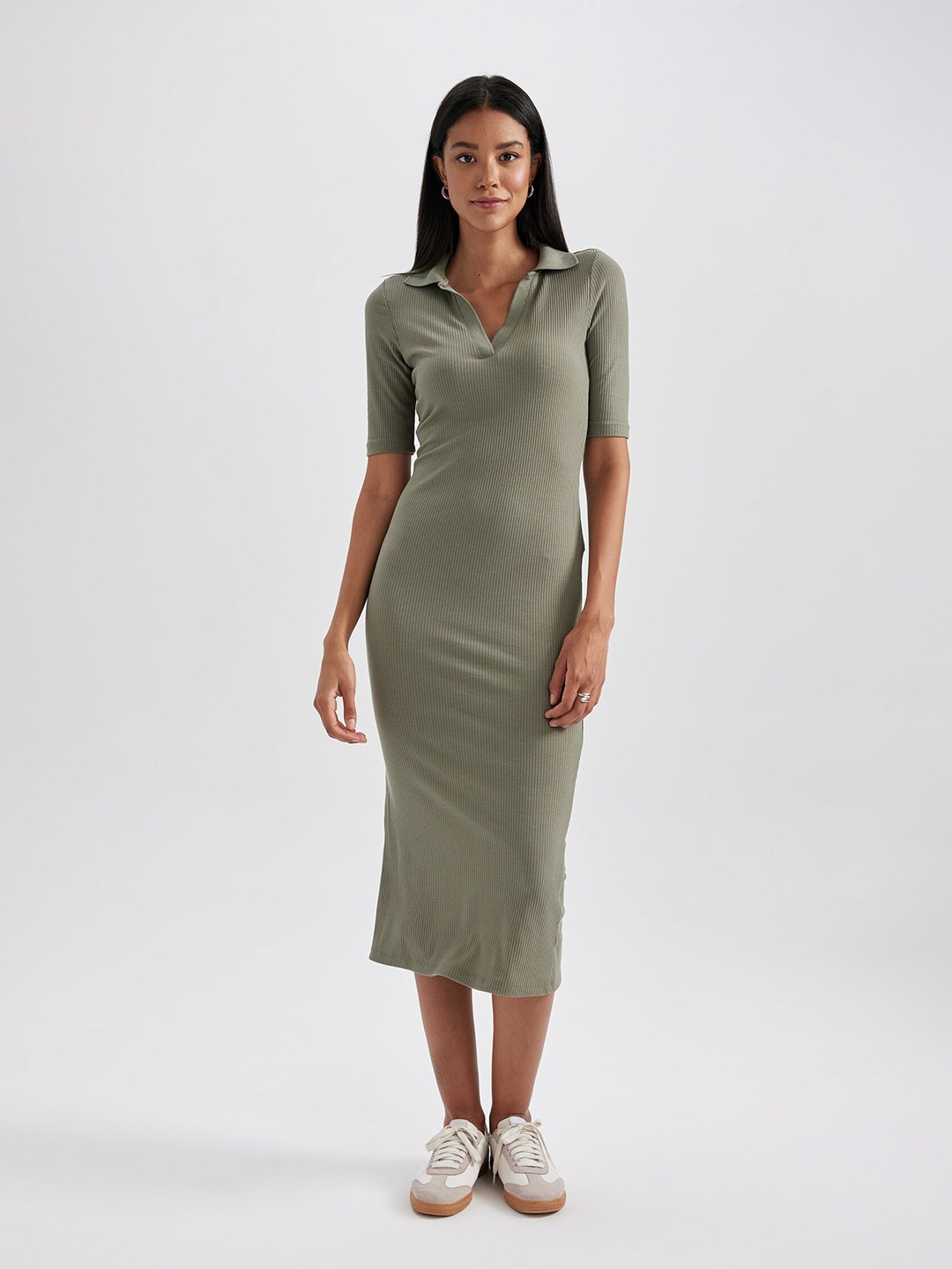 

DeFacto Self Design Shirt Collar Bodycon Midi Dress, Na
