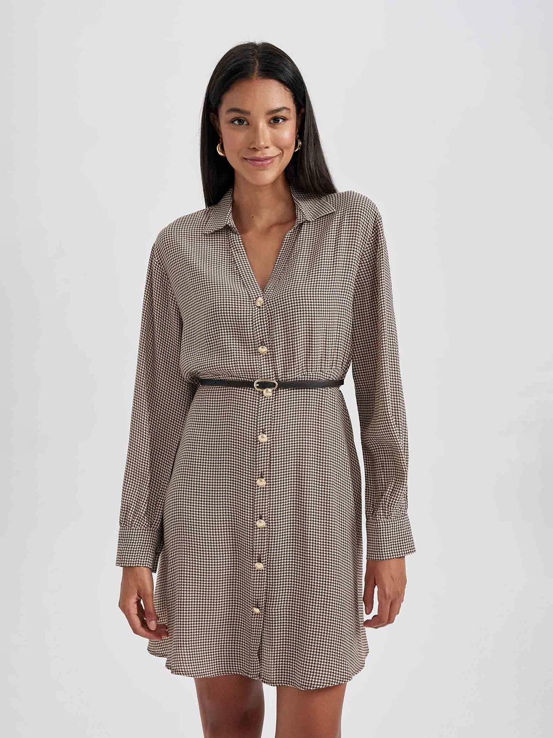 

DeFacto Cuff Sleeves Checked Belted Shirt Dress, Brown