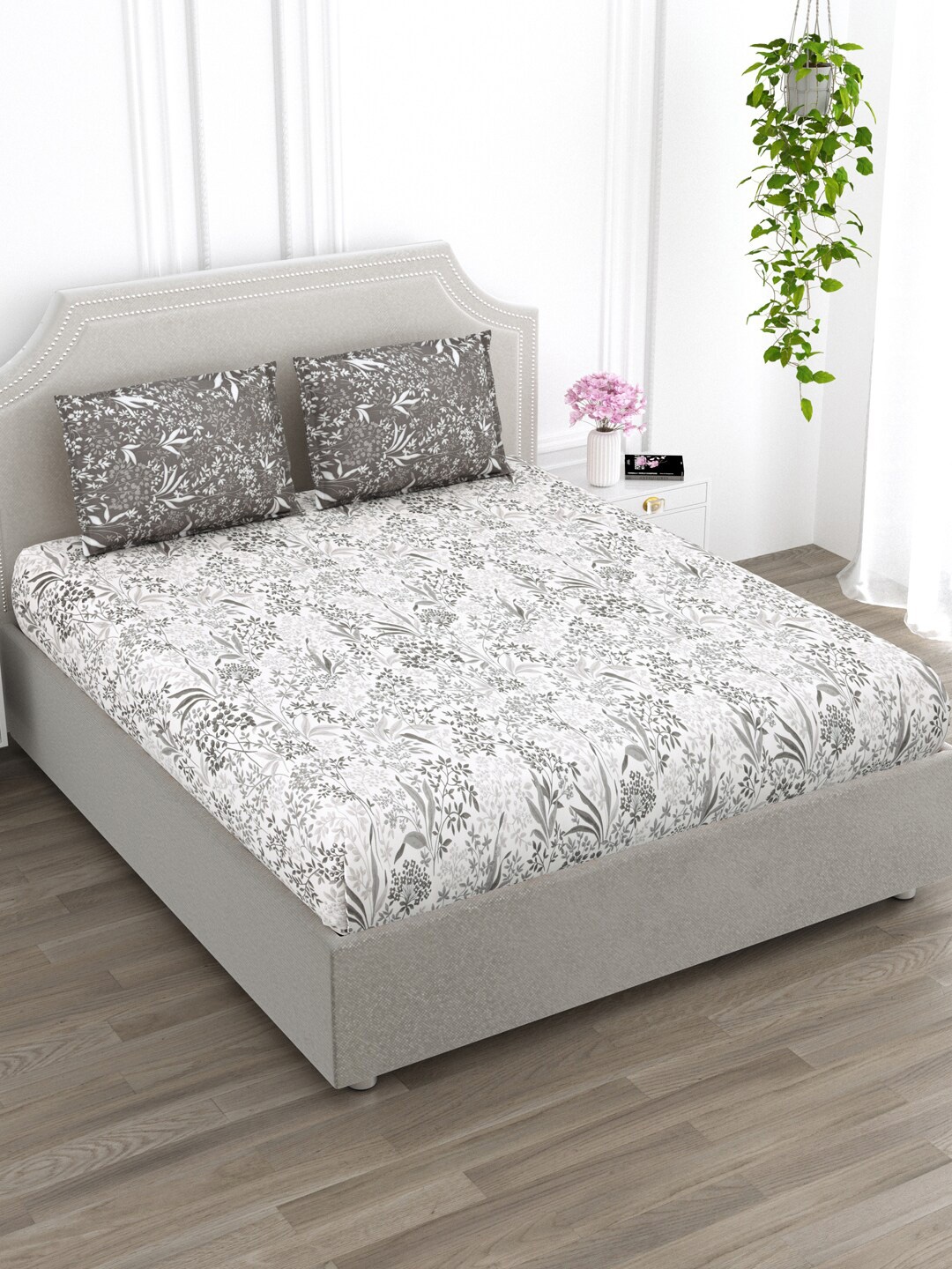 

EverHOME Sage Grey & White Floral Pure Cotton 210 TC King Bedsheet With 2 Pillow Covers