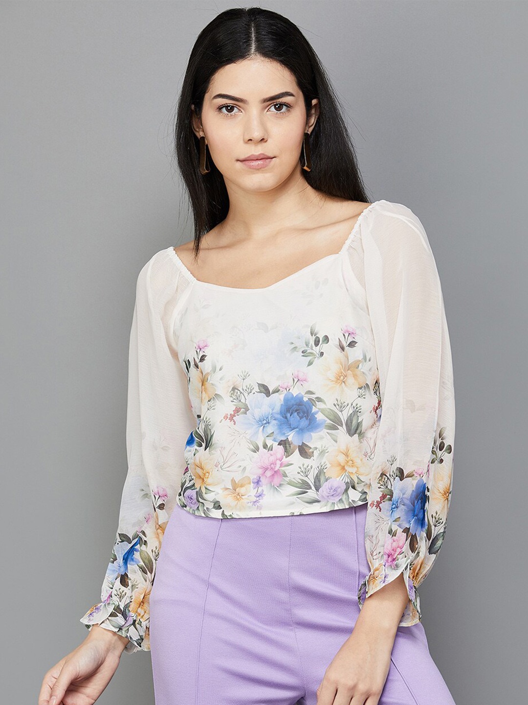 

CODE by Lifestyle Floral Printed Puff Sleeve Top, Beige