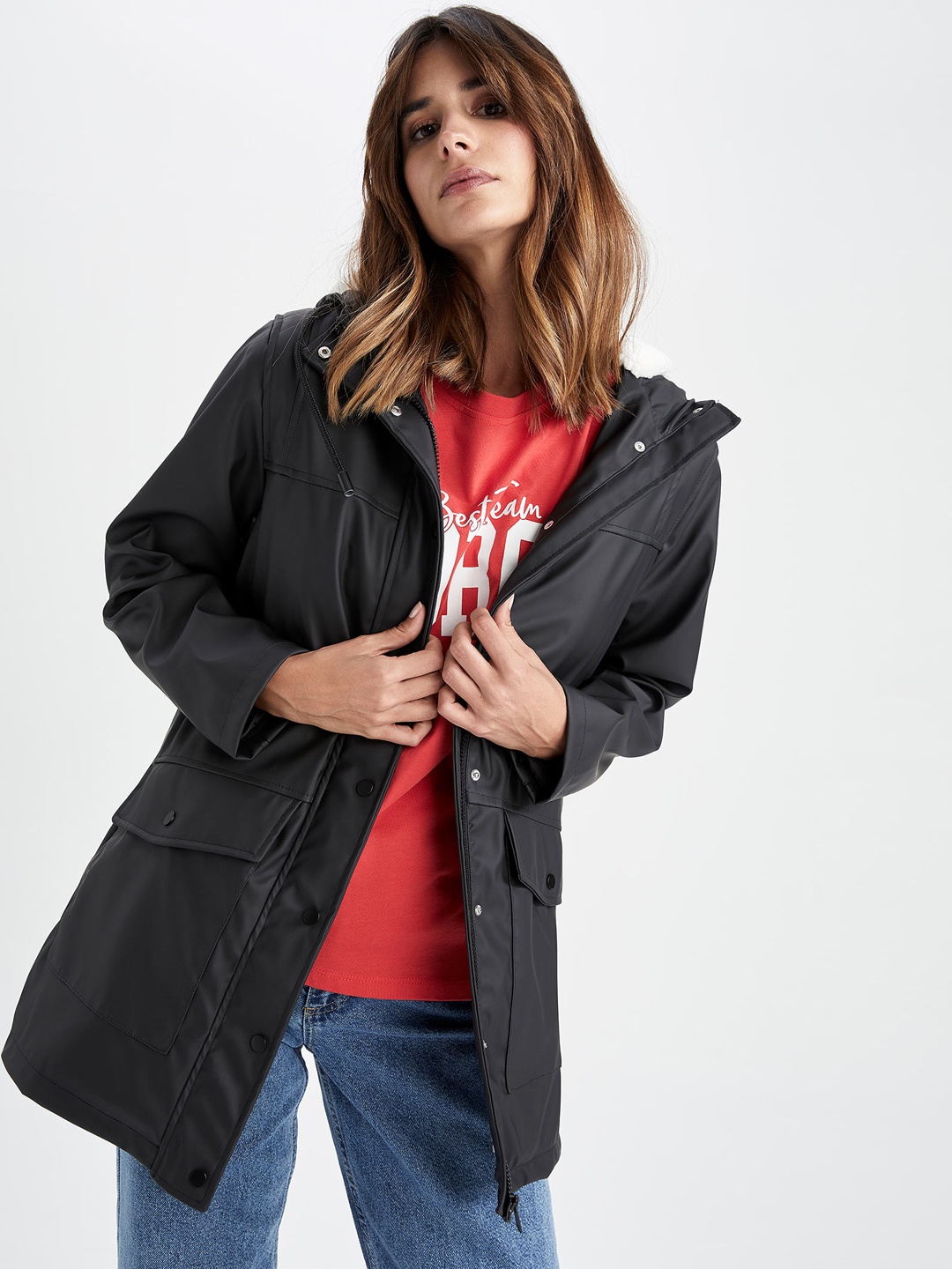 

DeFacto Women Hooded Rain Jacket, Black