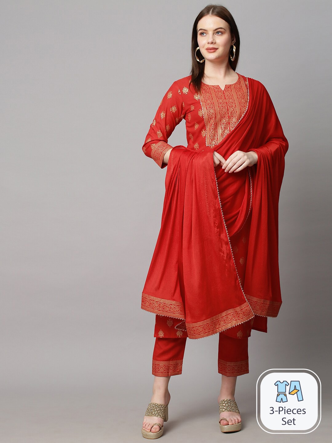 

KALINI Ethnic Motifs Regular Kurta With Trousers & Dupatta, Orange