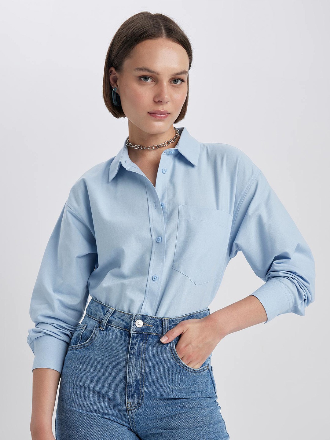 

DeFacto Spread Collar Pure Cotton Casual Shirt, Blue
