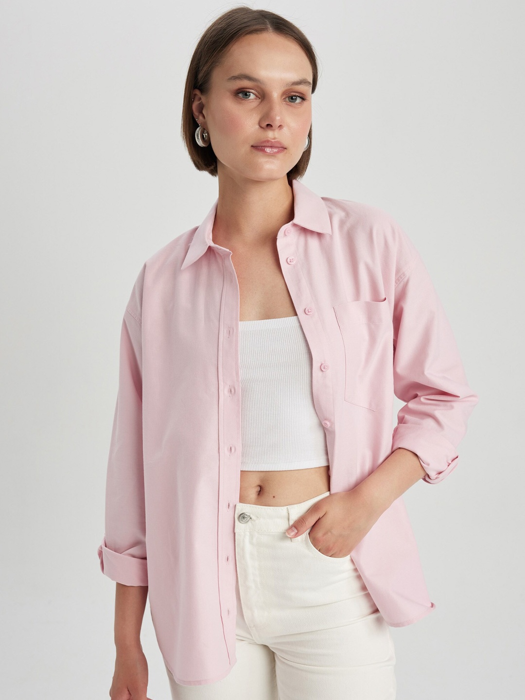 

DeFacto Spread Collar Pure Cotton High Low Casual Shirt, Pink