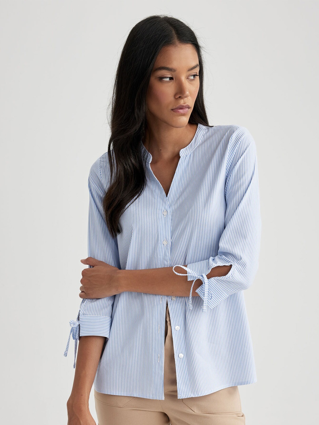 

DeFacto Vertical Striped Mandarin Collar Casual Shirt, White