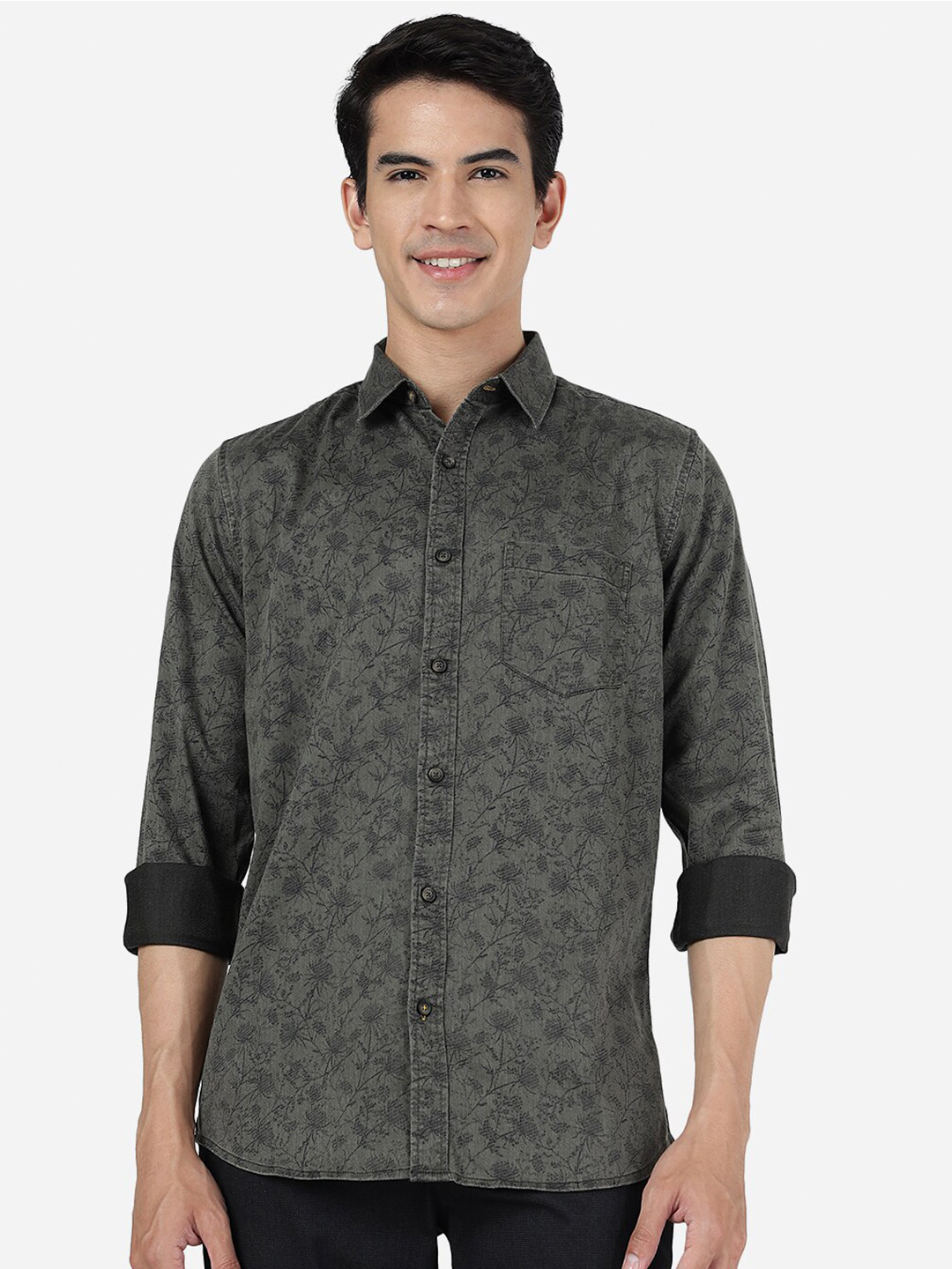 

JADE BLUE Slim Fit Floral Printed Spread Collar Long Sleeve Cotton Casual Shit, Green