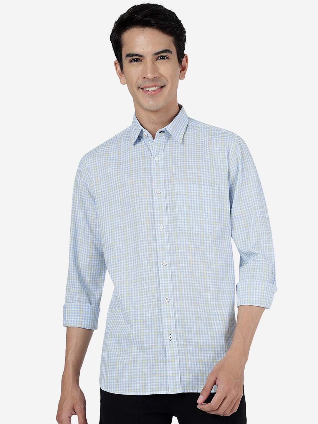 

JADE BLUE Slim Fit Other Checked Spread Collar Long Sleeve Pocket Cotton Casual Shirt