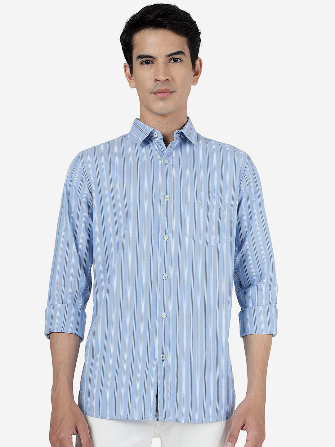 

JADE BLUE Slim Fit Striped Spread Collar Long Sleeve Pocket Cotton Casual Shirt