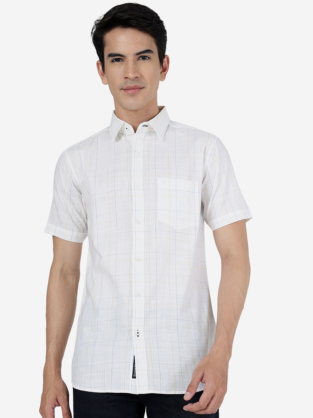 

JADE BLUE Slim Fit Other Checked Spread Collar Long Sleeve Pocket Cotton Casual Shirt, White