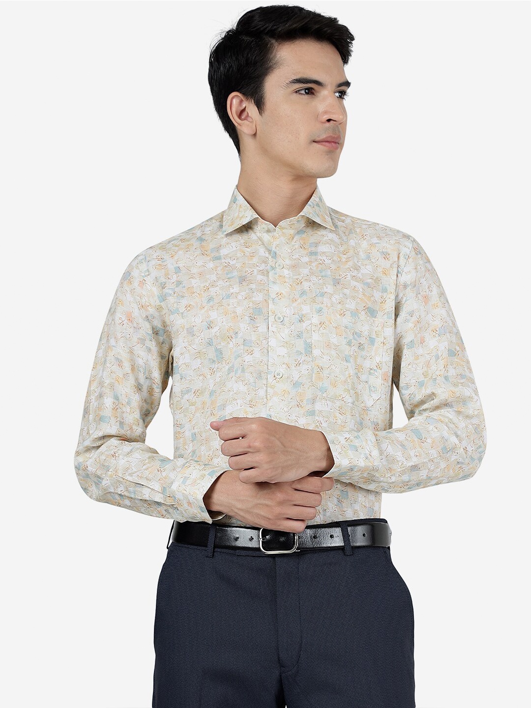 

JADE BLUE Floral Printed Spread Collar Long Sleeve Pocket Linen Formal Shirt, Khaki