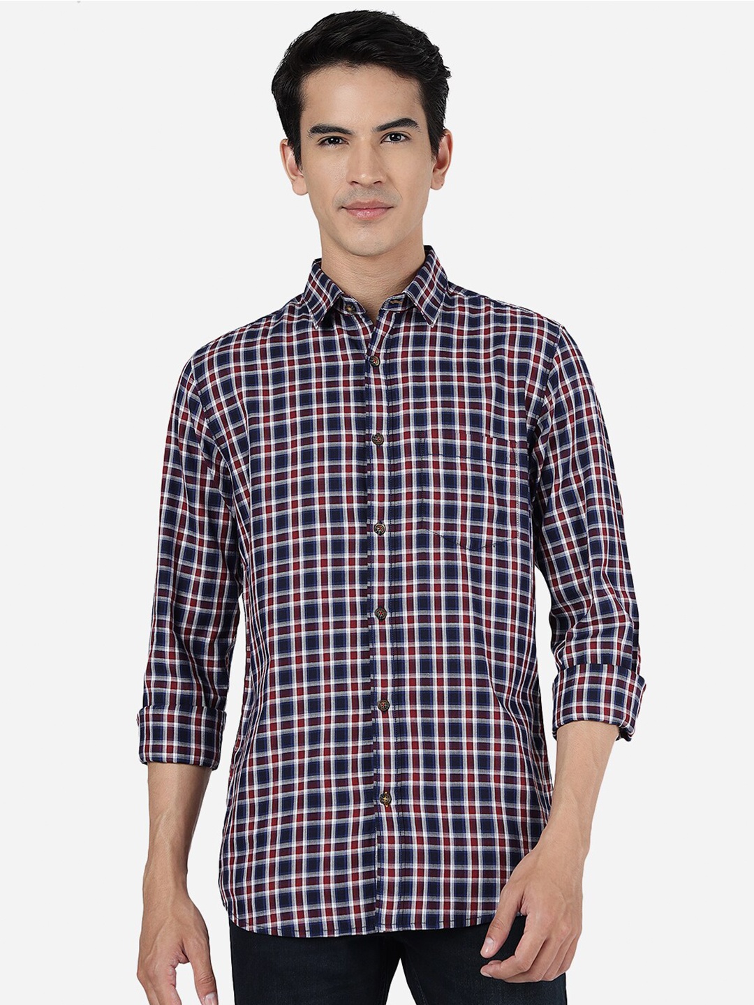 

JADE BLUE Slim Fit Tartan Checks Spread Collar Long Sleeve Pocket Cotton Casual Shirt, Red