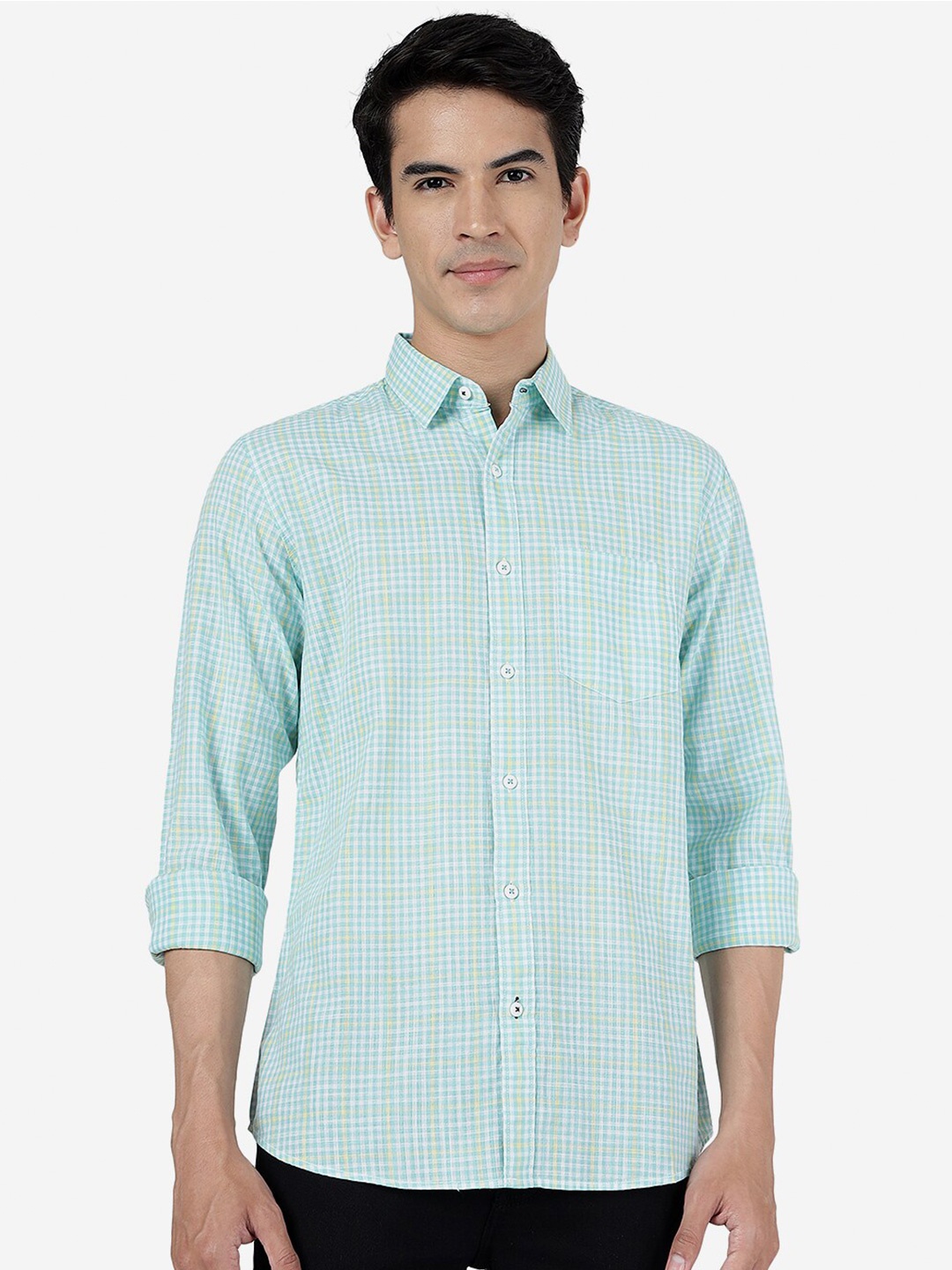 

JADE BLUE Spread Collar Slim Fit Checked Pure Cotton Shirt, Green