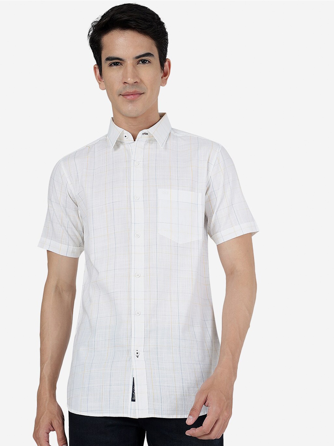 

JADE BLUE Spread Collar Slim Fit Checked Pure Cotton Shirt, White