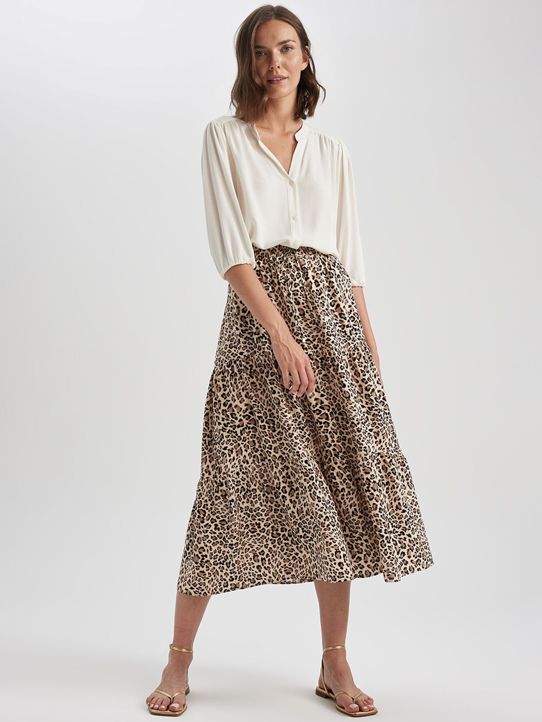 

DeFacto Animal Printed Tiered Flared Midi Skirt, Beige