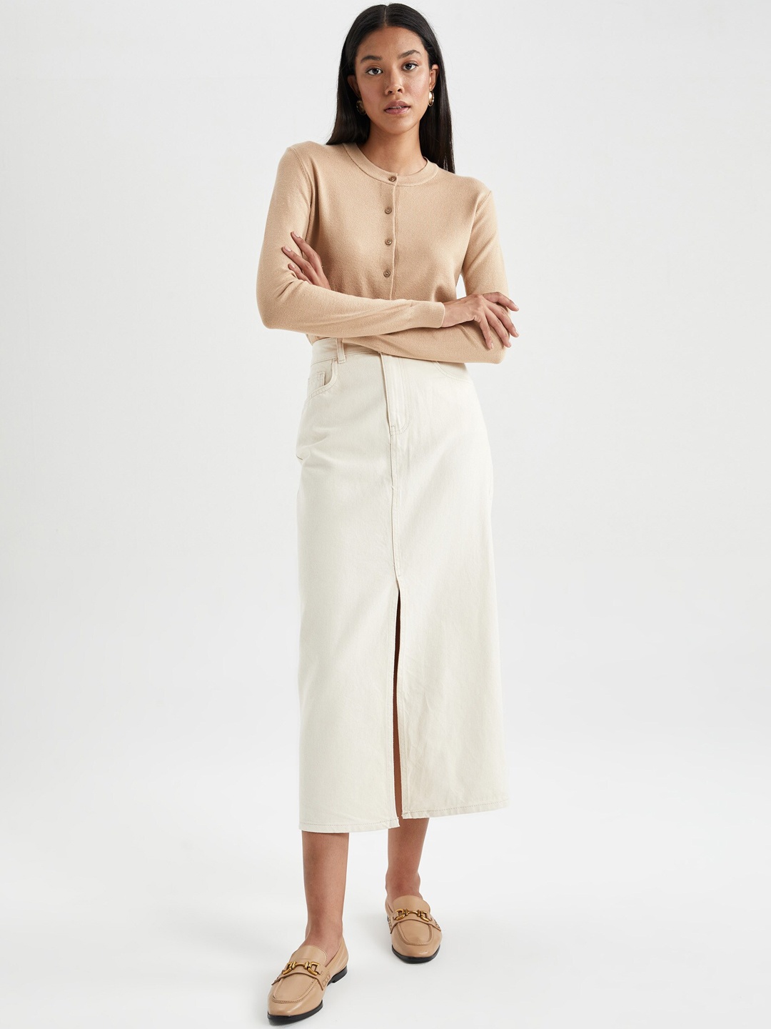 

DeFacto Straight Pure Cotton Midi Skirt, White