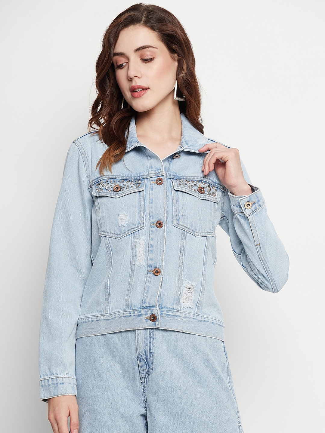 

CAMLA Washed Spread Collar Pure Cotton Denim Jacket, Blue
