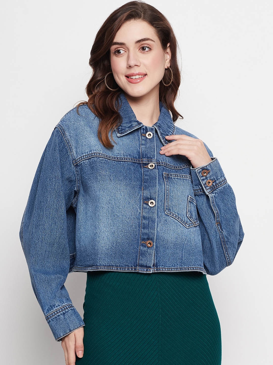 

CAMLA Washed Pure Cotton Crop Denim Jacket, Blue