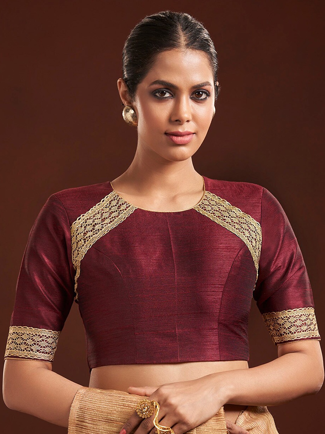 

SALWAR STUDIO Round Neck Lace Insert Readymade Saree Blouse, Maroon