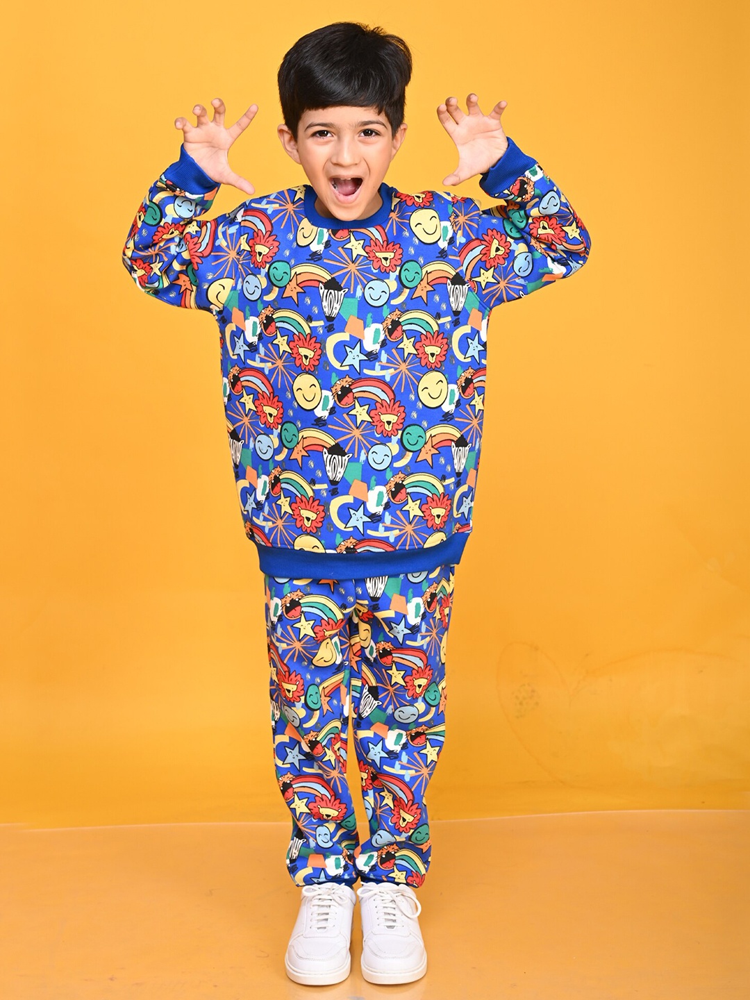 

Anthrilo Boys Printed Round Neck Fleece Sweatshirt & Joggers Set, Blue