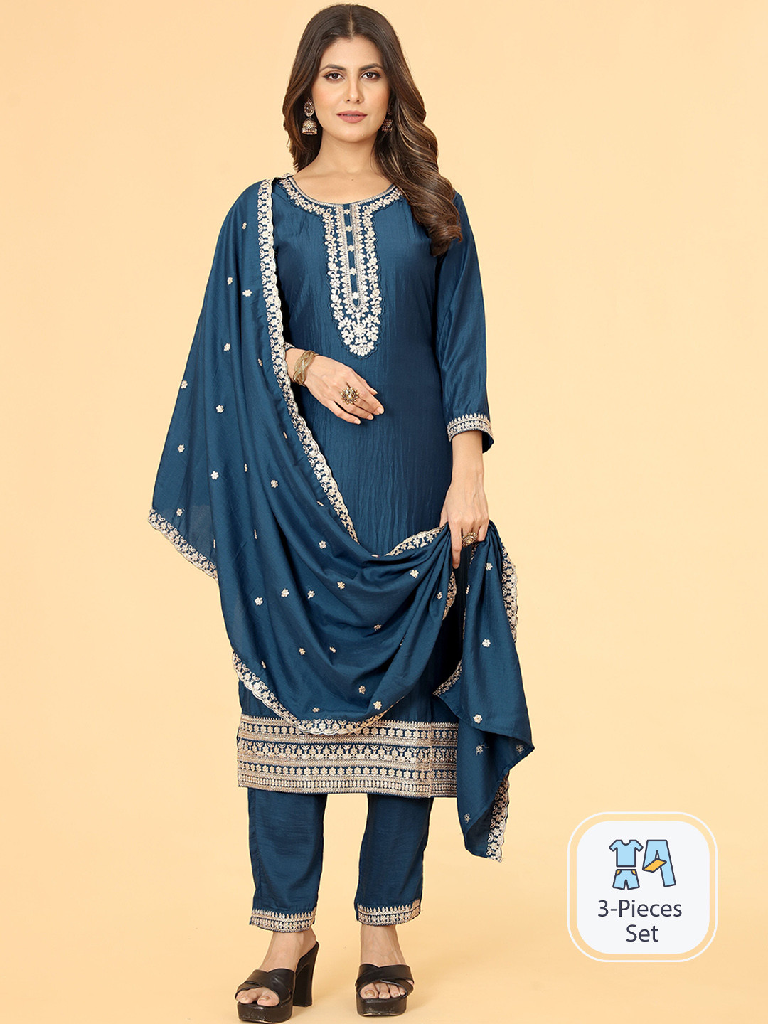 

Mclothings Floral Embroidered Regular Thread Work Kurta With Trousers & Dupatta, Blue