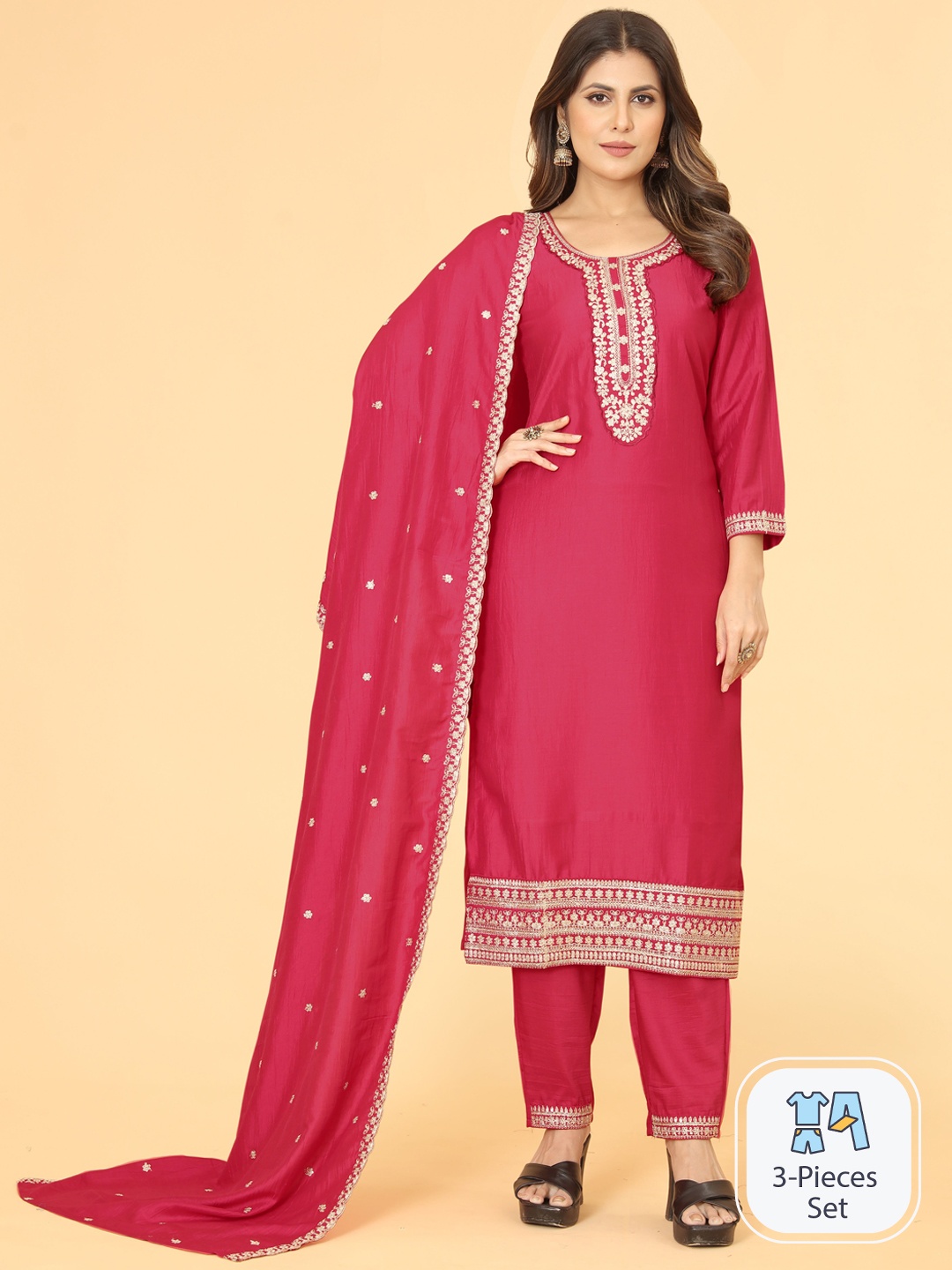 

Mclothings Floral Embroidered Regular Thread Work Kurta With Trousers & Dupatta, Pink