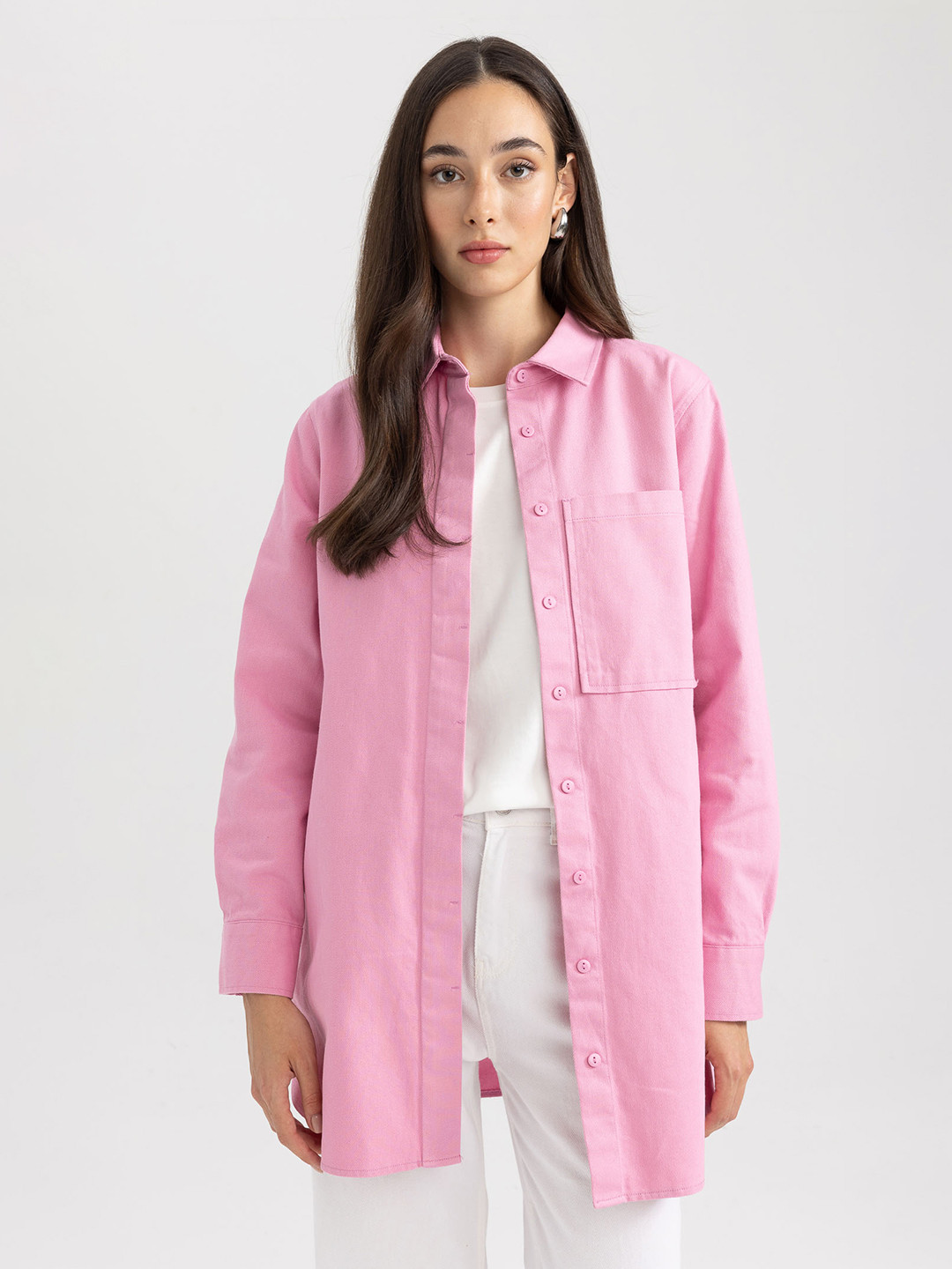 

DeFacto Women Pure Cotton Longline Shirt, Pink