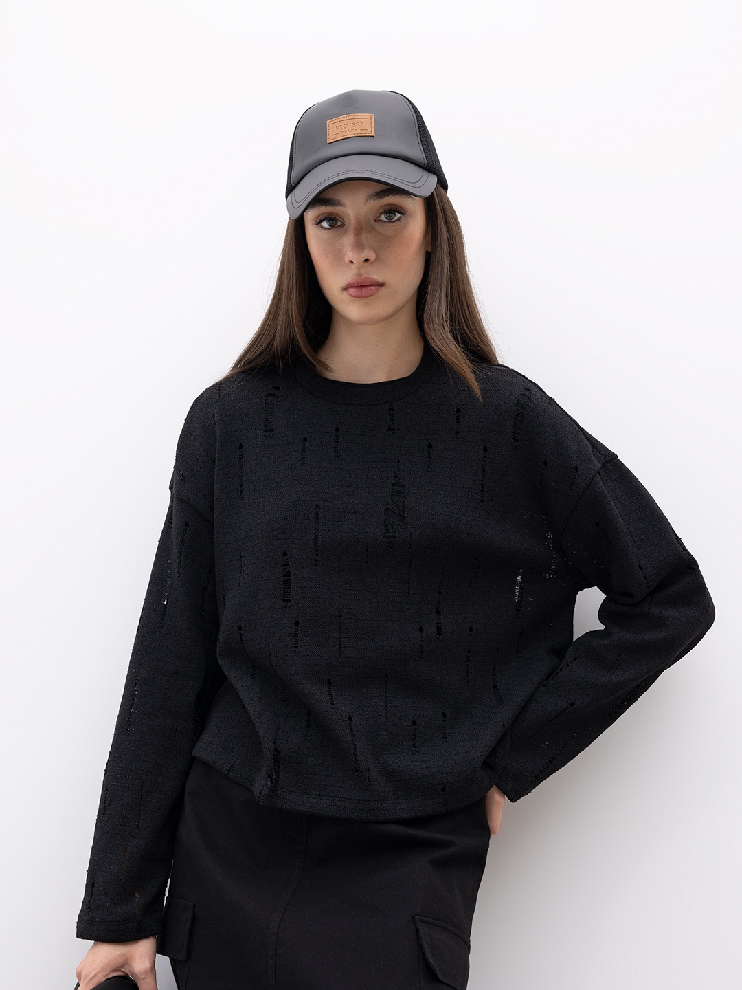 

DeFacto Self Design Long Sleeves Top, Black