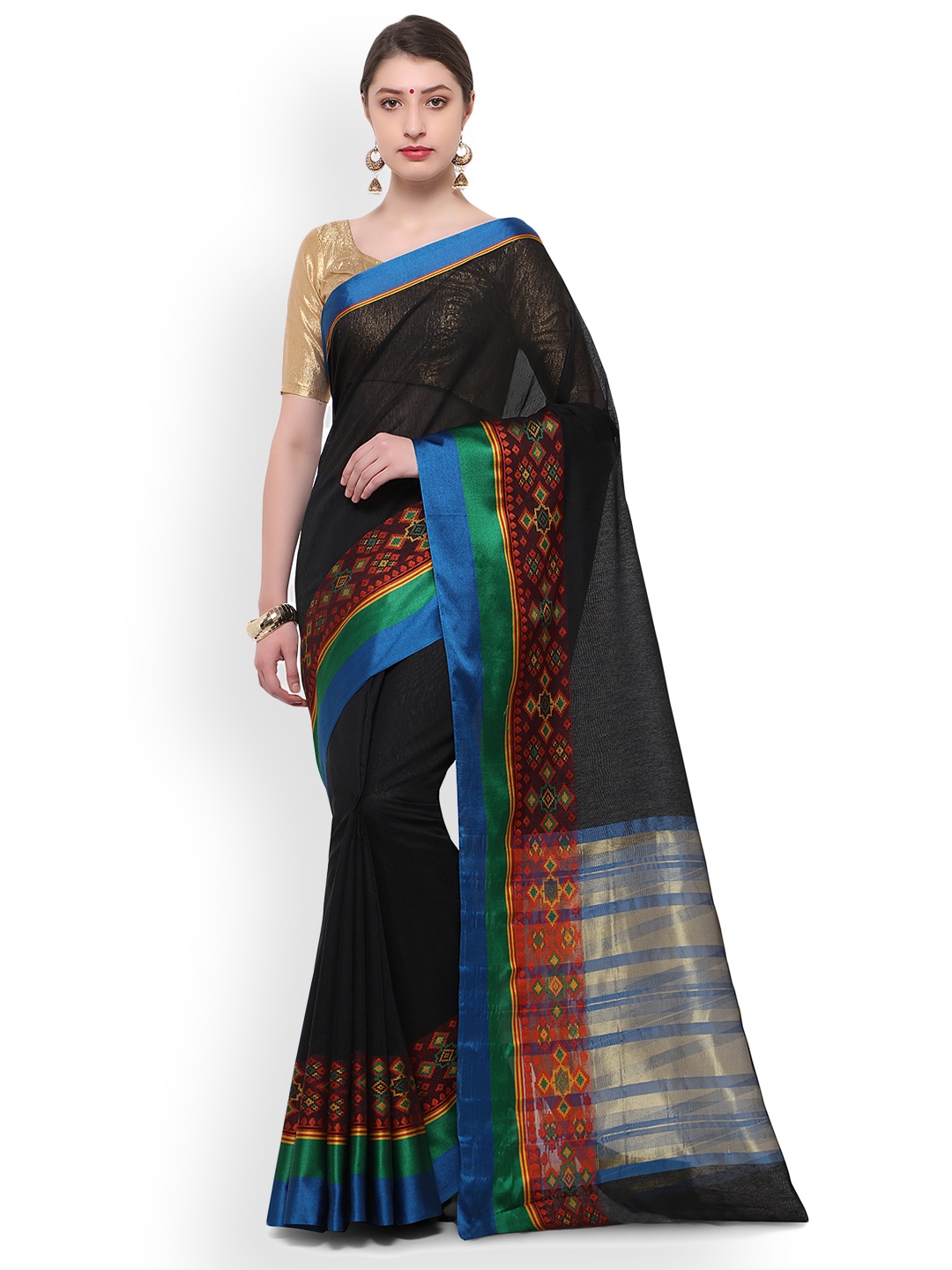 

Varkala Silk Sarees Black & Blue Cotton Blend Woven Design Saree