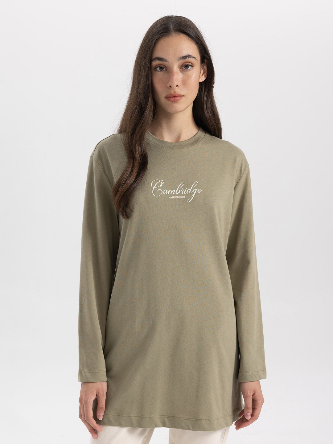 

DeFacto Typography Printed Longline Pure Cotton T-shirt, Green