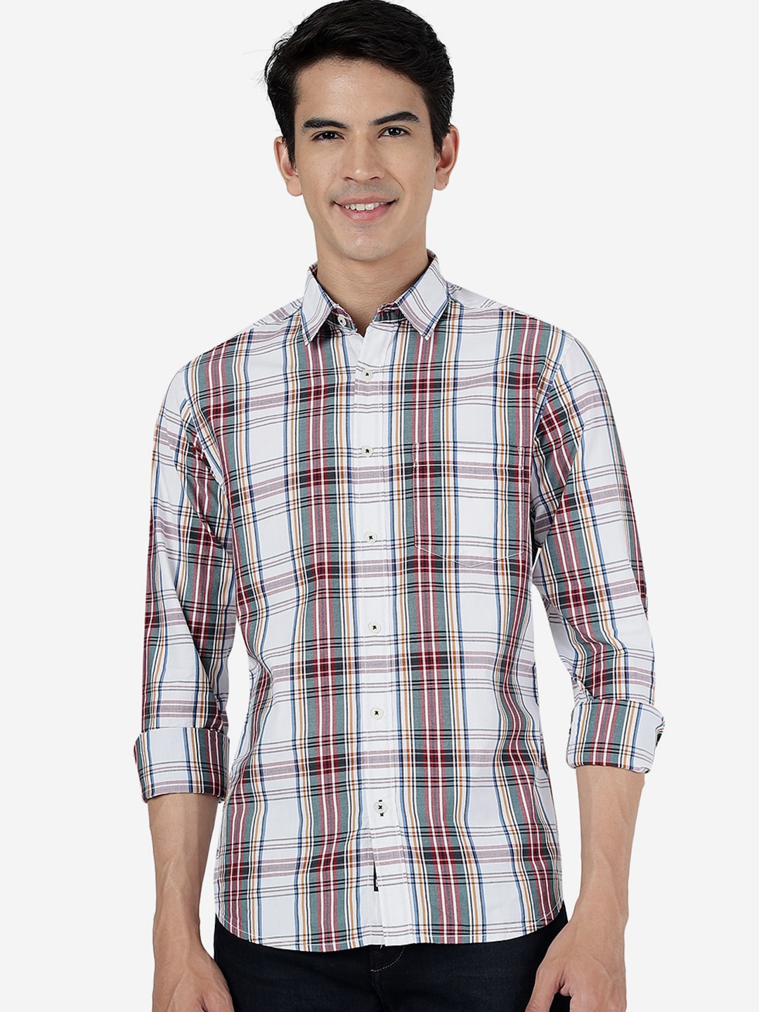 

Greenfibre Slim Fit Tartan Checked Spread Collar Chest Pocket Pure Cotton Casual Shirt, White