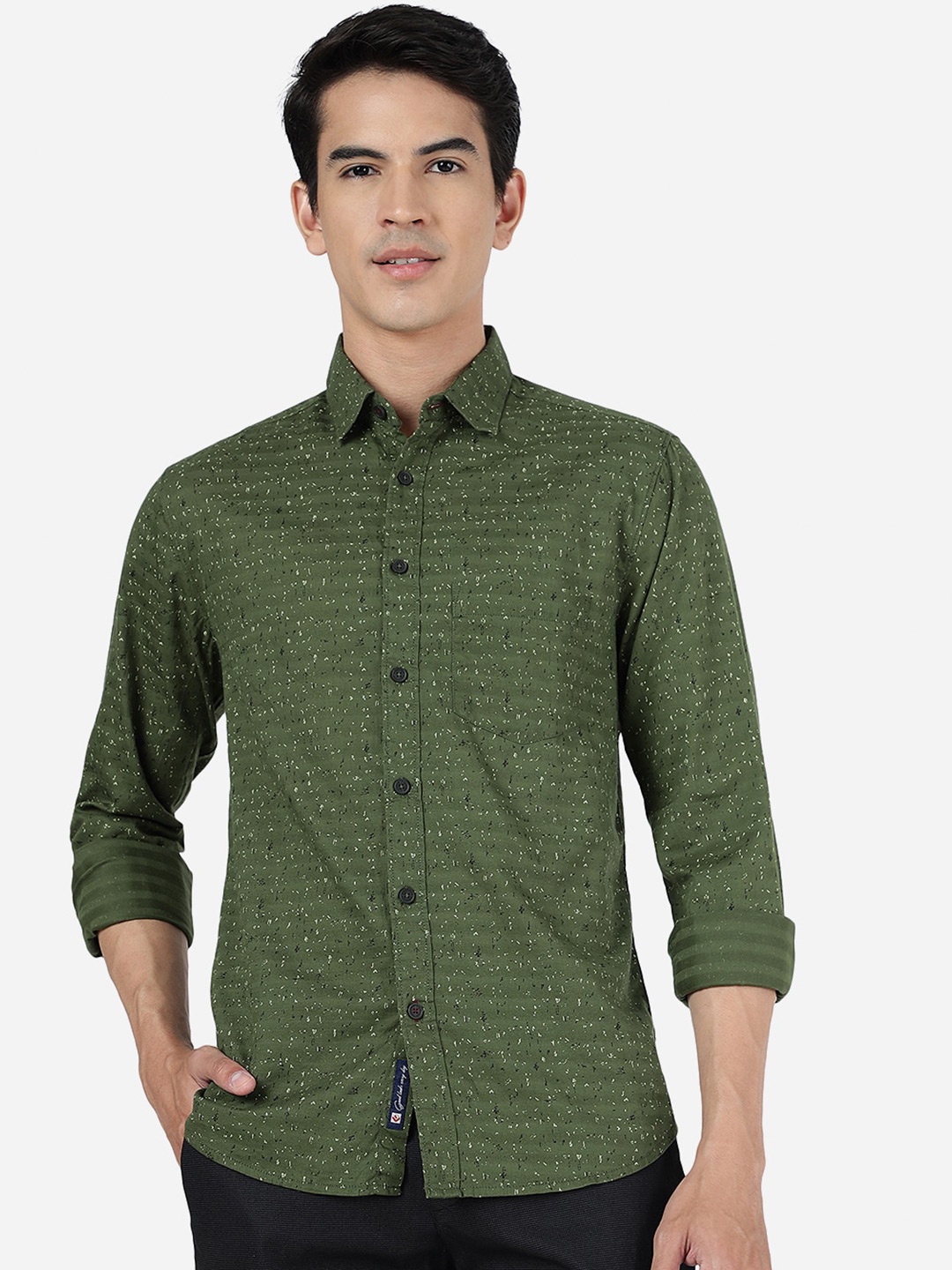 

Greenfibre Slim Fit Abstract Printed Spread Collar Chest Pocket Cotton Casual Shirt, Green