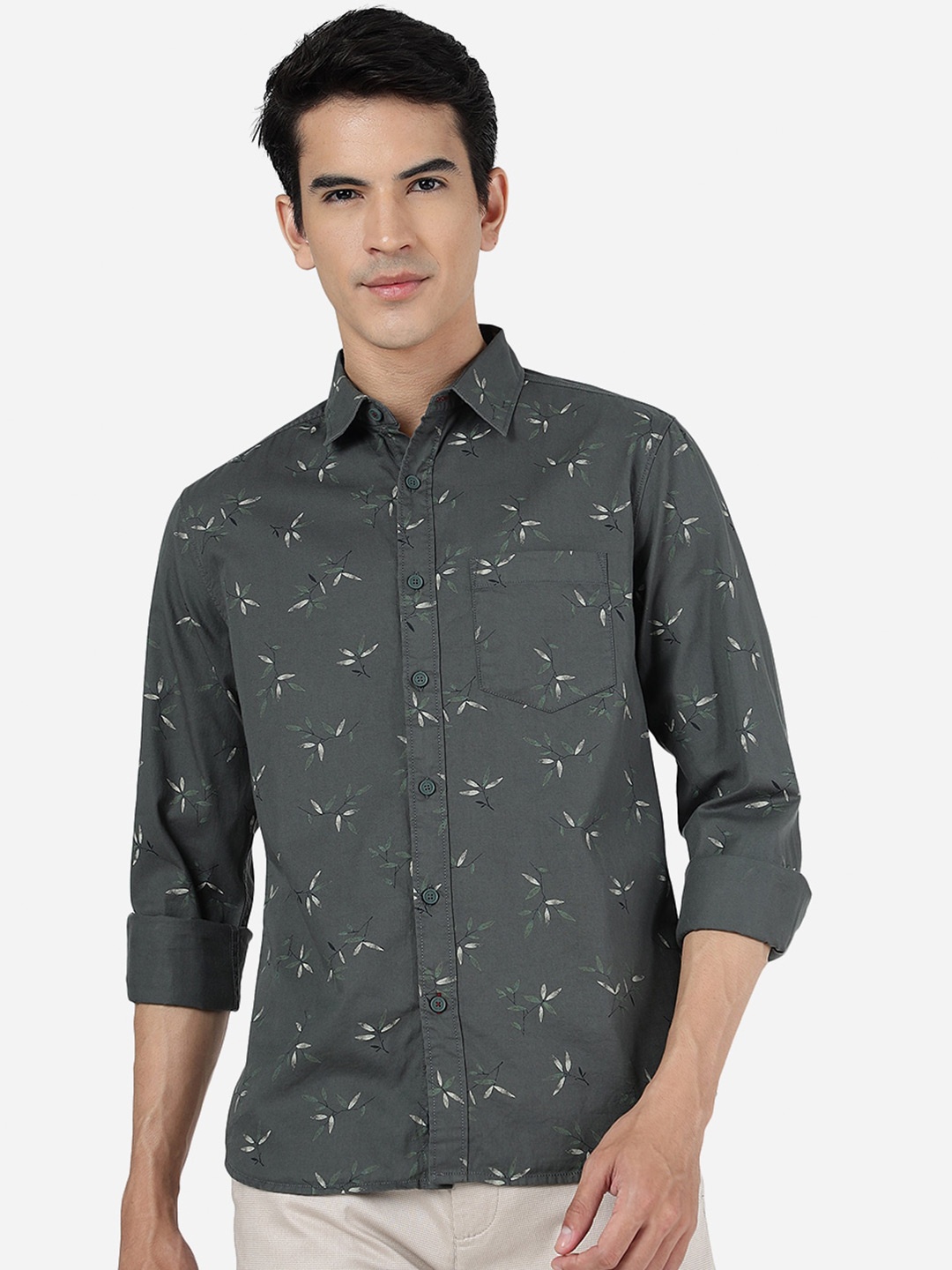 

Greenfibre Floral Printed Slim Fit Opaque Pure Cotton Casual Shirt, Green