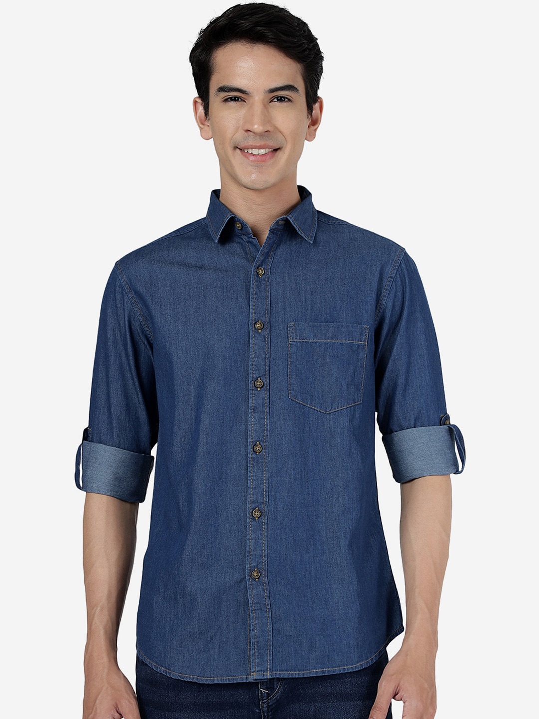 

Greenfibre Roll-Up Sleeves Slim Fit Cotton Casual Shirt, Blue