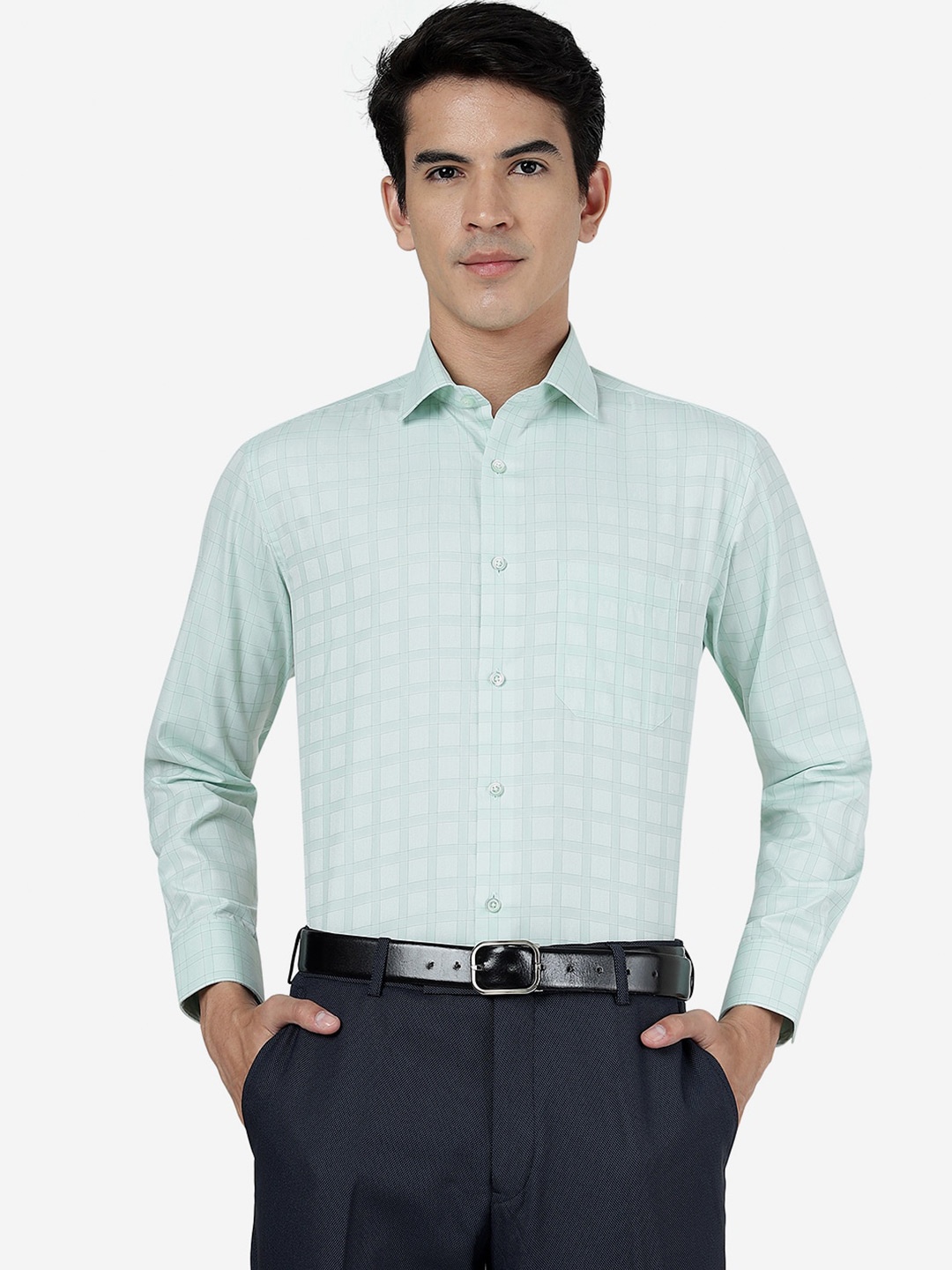 

Greenfibre Checked Slim Fit Formal Cotton Shirt, Green