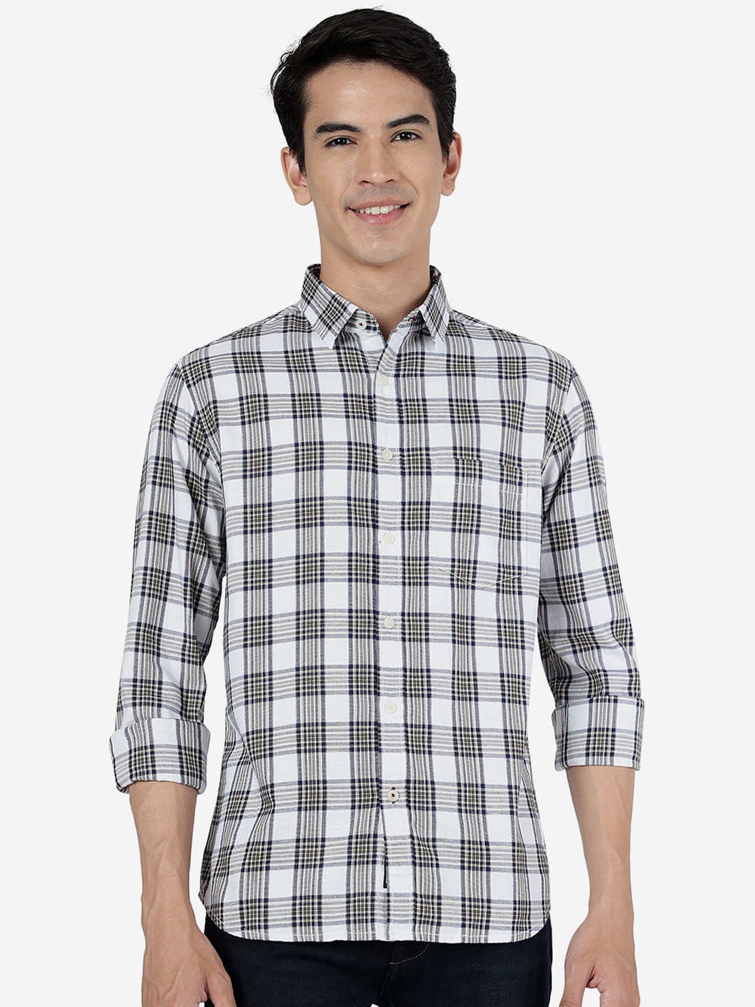 

Greenfibre Tartan Checks Opaque Slim Fit Pure Cotton Casual Shirt, Green