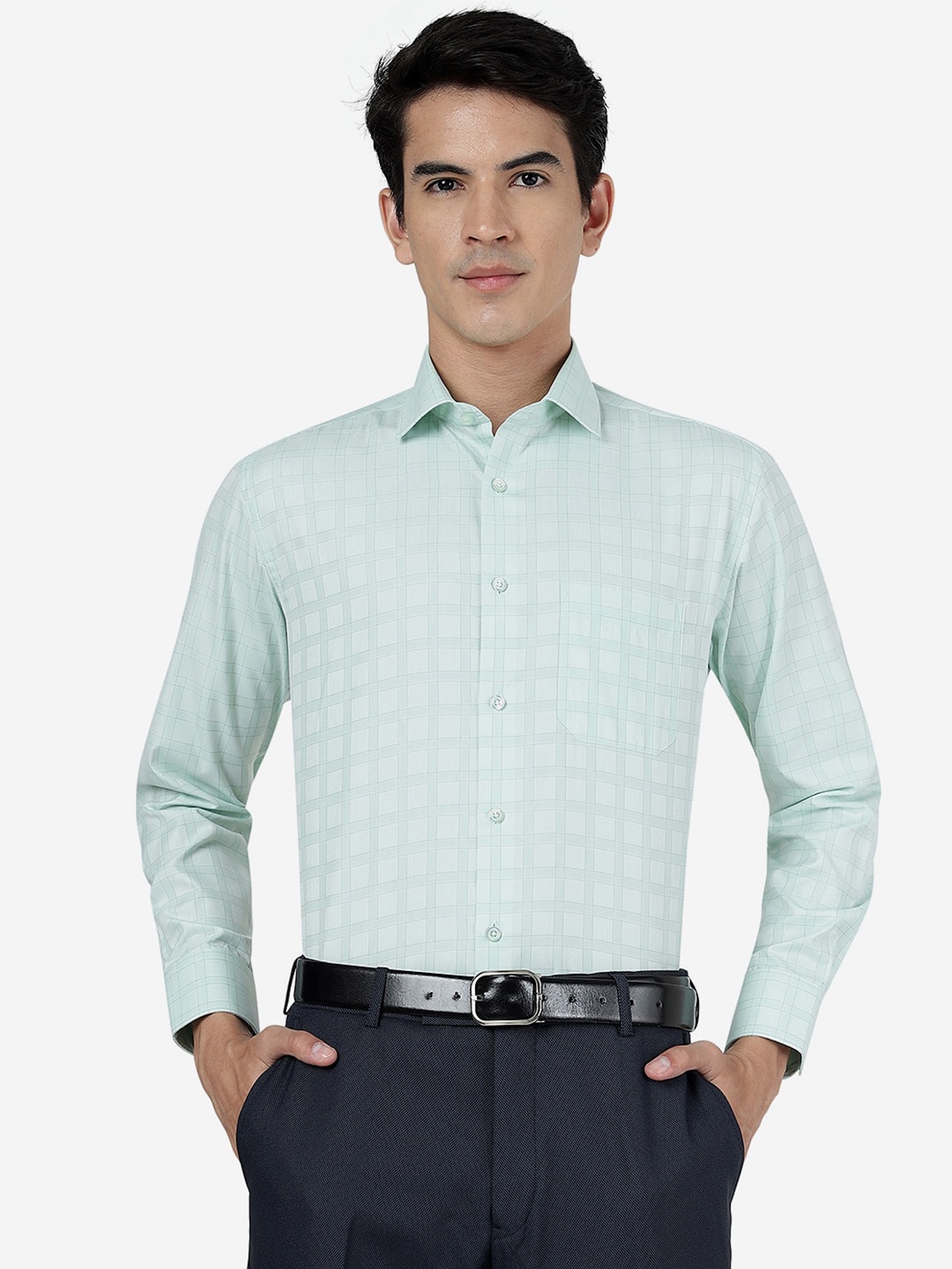 

Greenfibre Gingham Checks Slim Fit Opaque Formal Shirt, Green