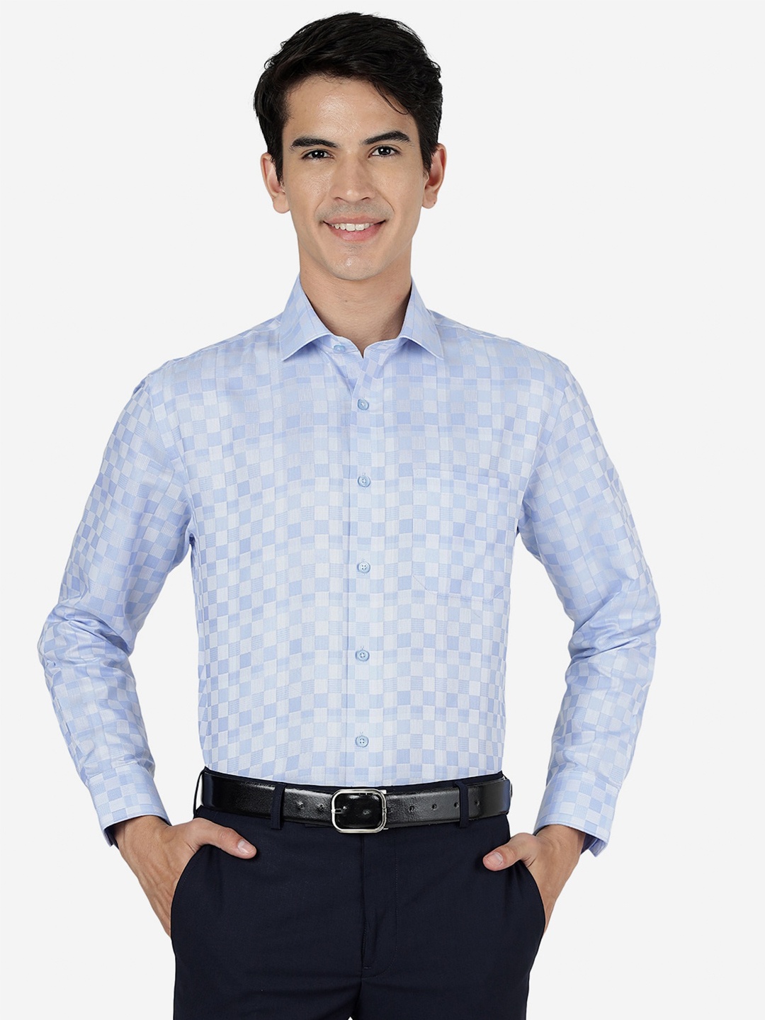 

Greenfibre Gingham Checks Slim Fit Opaque Formal Shirt, Blue