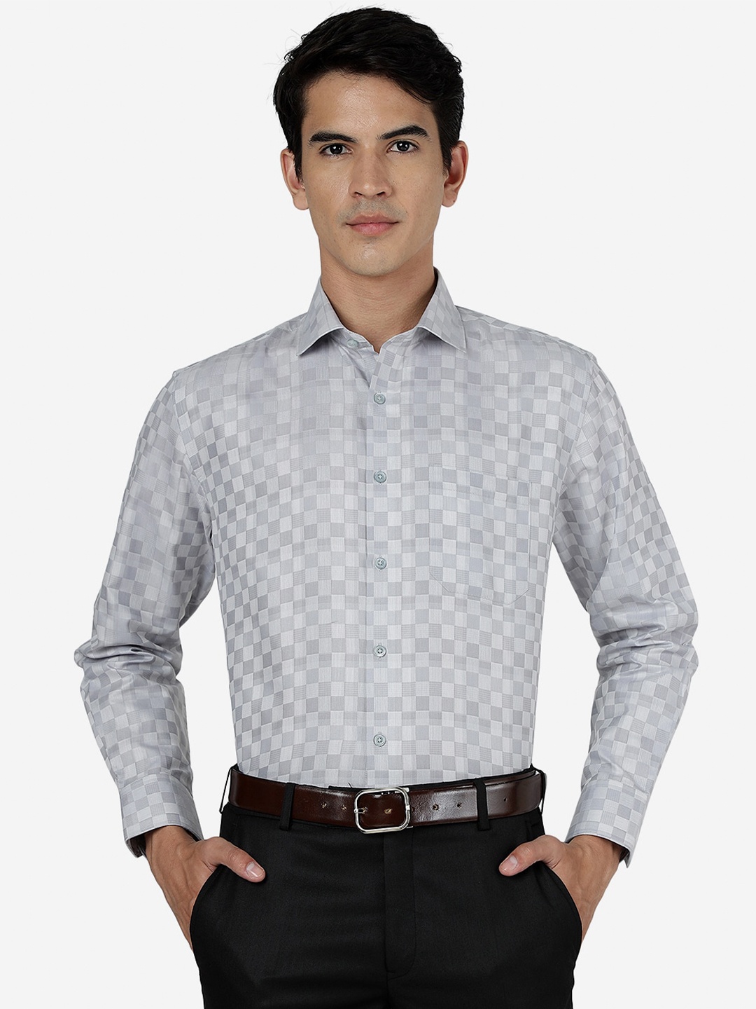 

Greenfibre Gingham Checks Slim Fit Opaque Formal Shirt, Grey