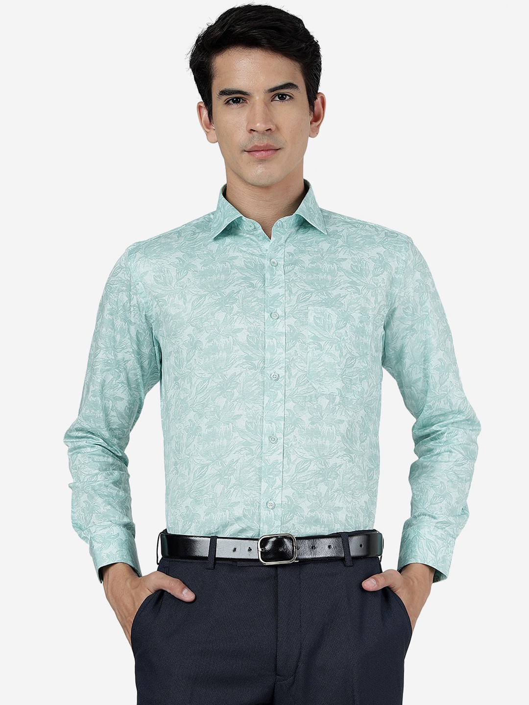 

Greenfibre Floral Printed Slim Fit Opaque Formal Shirt, Green