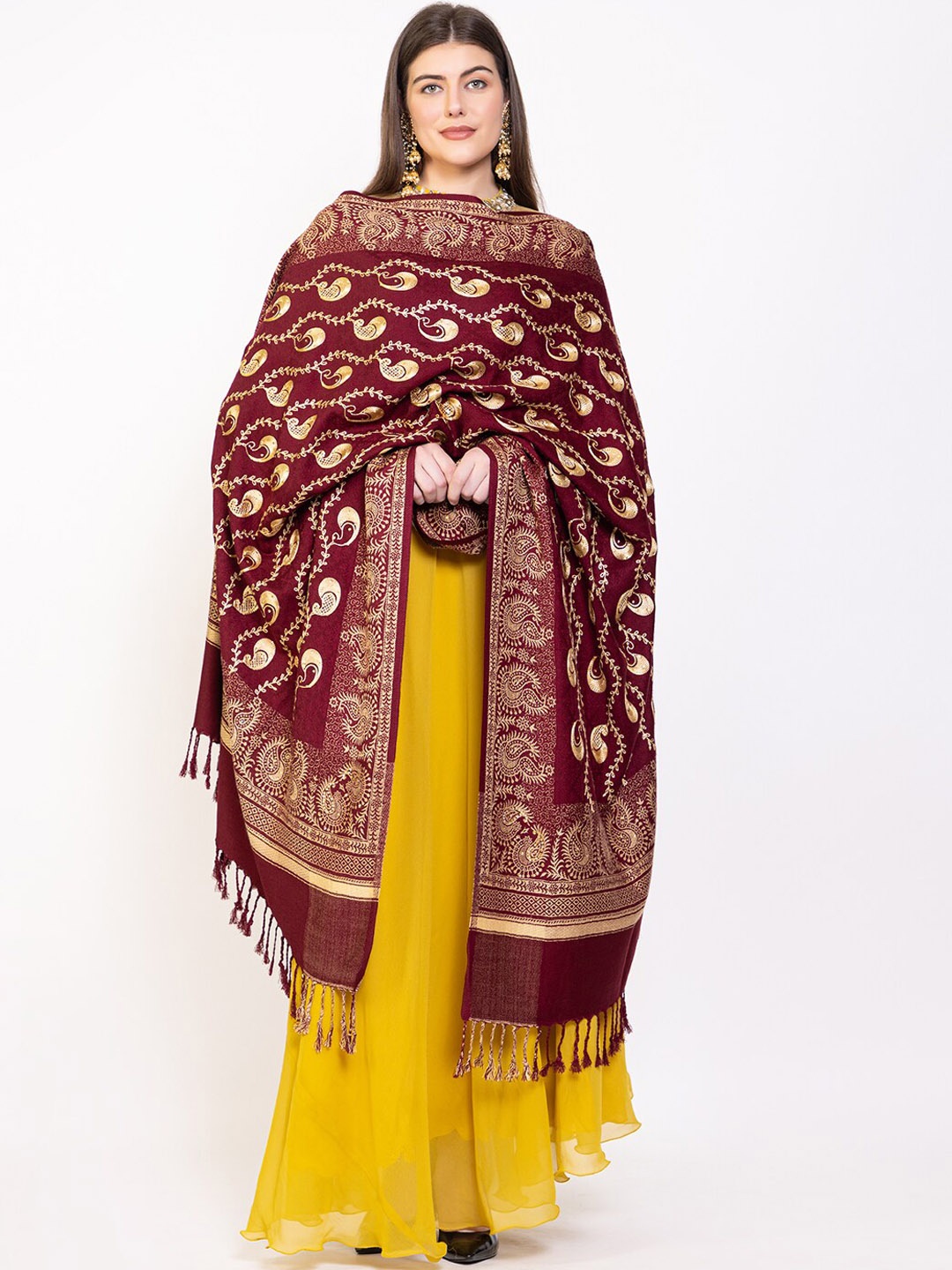 

VH Ethnic Motifs Woven Design Pure Wool Shawl, Maroon