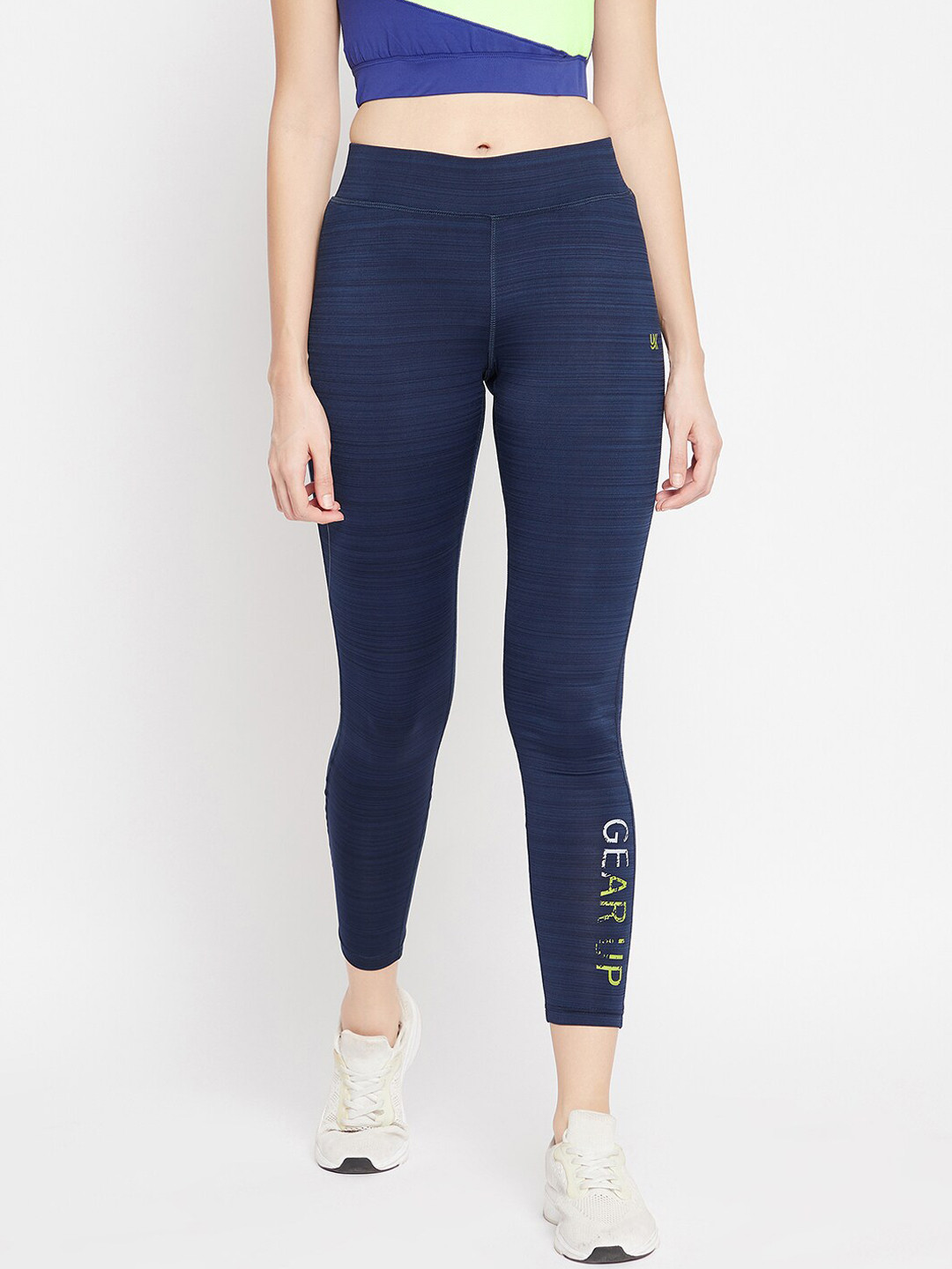 

URKNIT Women Mid Rise Slim Fit Stretchable Sports Tights, Navy blue