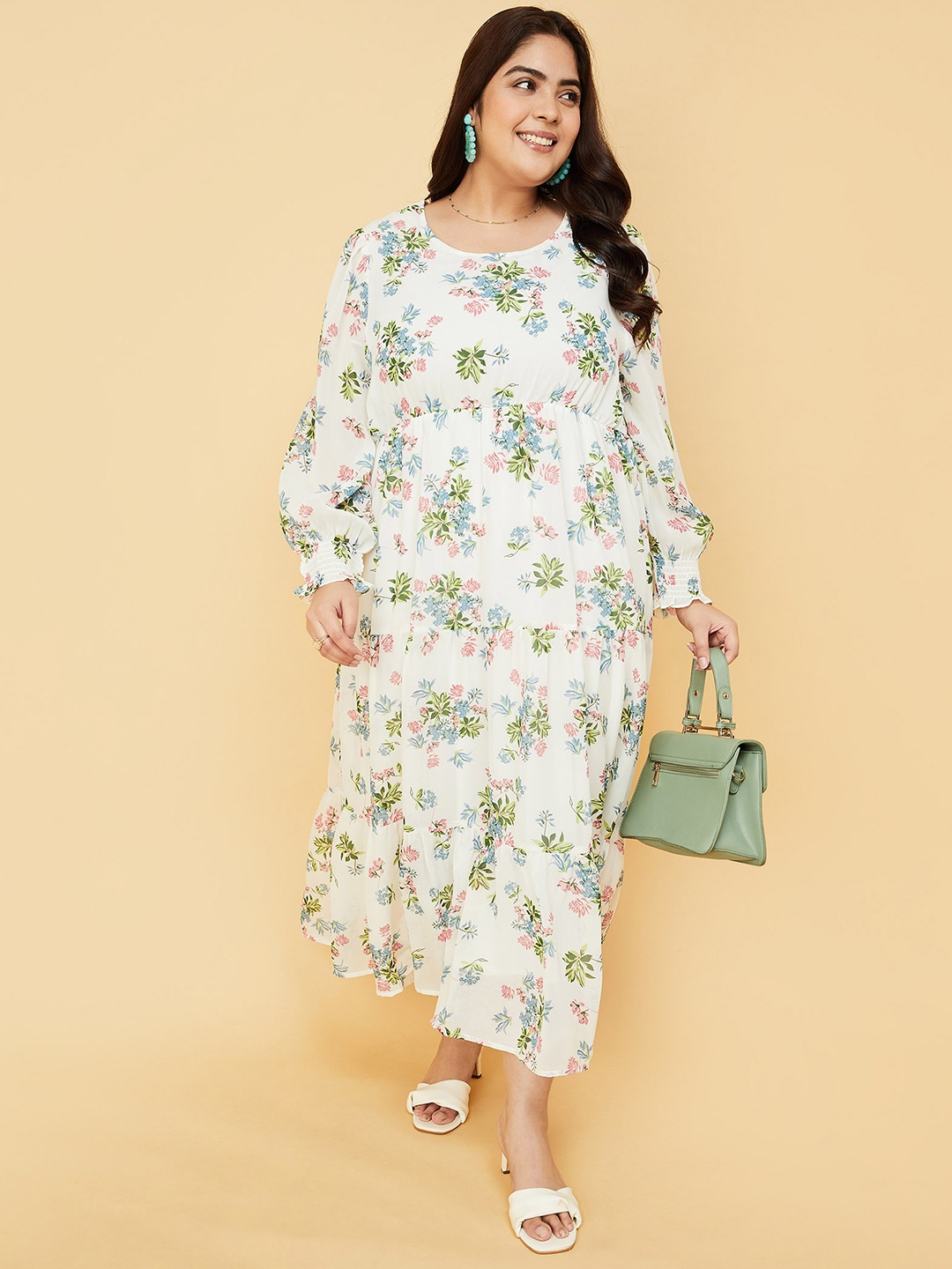 

max Plus Size Floral Printed Fit And Flare Maxi Dress, White