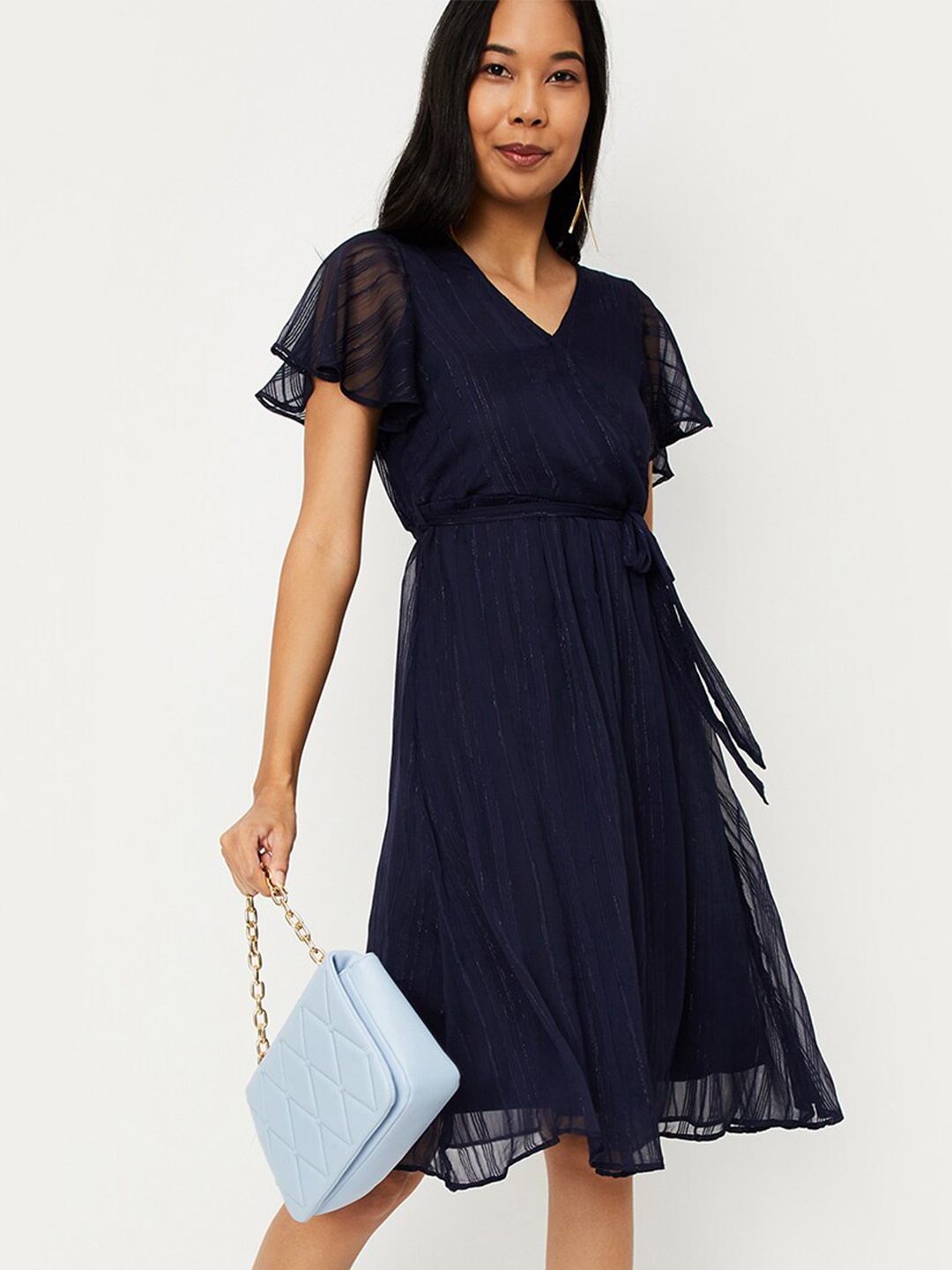 

max Self Design Flutter Sleeves Fit & Flare Dress, Navy blue