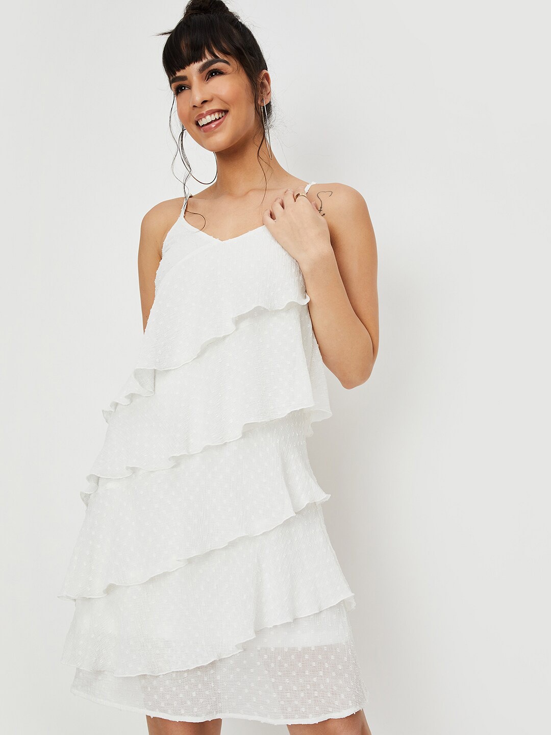 

max Self Design Shoulder Straps Layered A-Line Dress, White